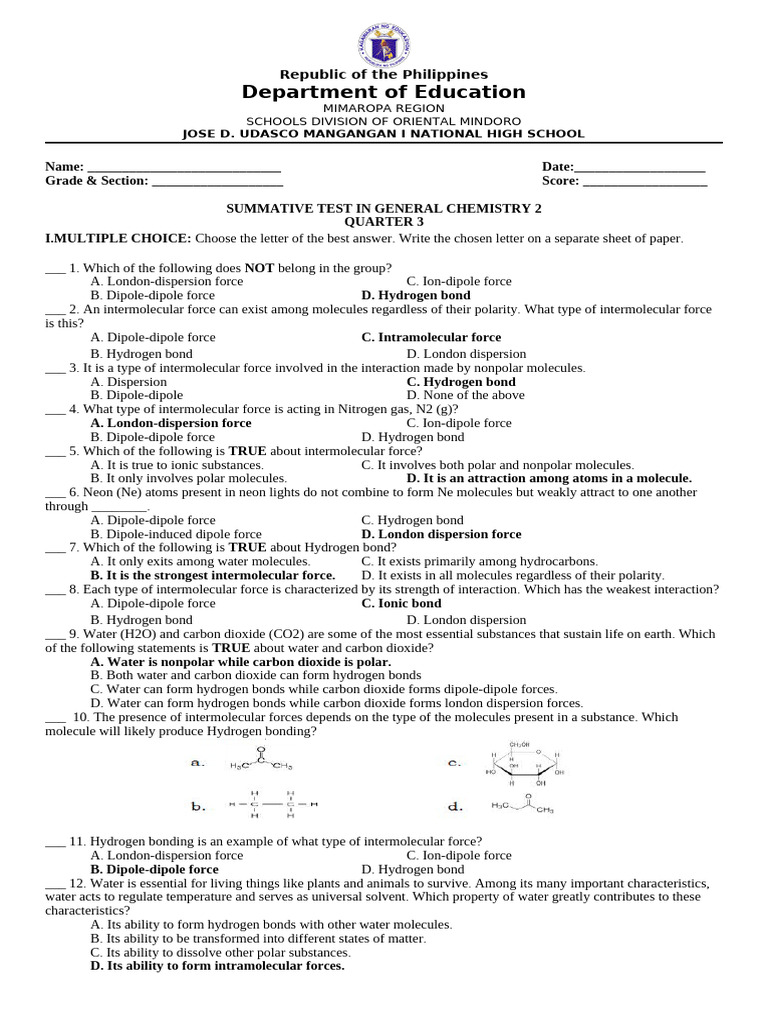 General Chemistry 2 Summative Test | PDF | Intermolecular Force ...