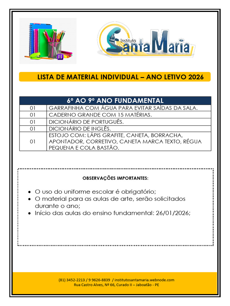 Lista de Material Escolar 2026 | PDF