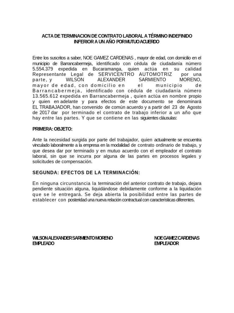 Acta Terminacion Por Mutuo Acuerdo | PDF