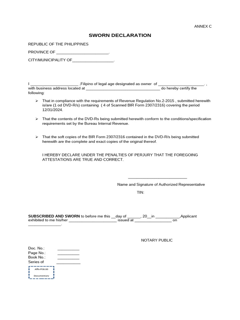 Sworn Declaration for BIR Compliance | PDF