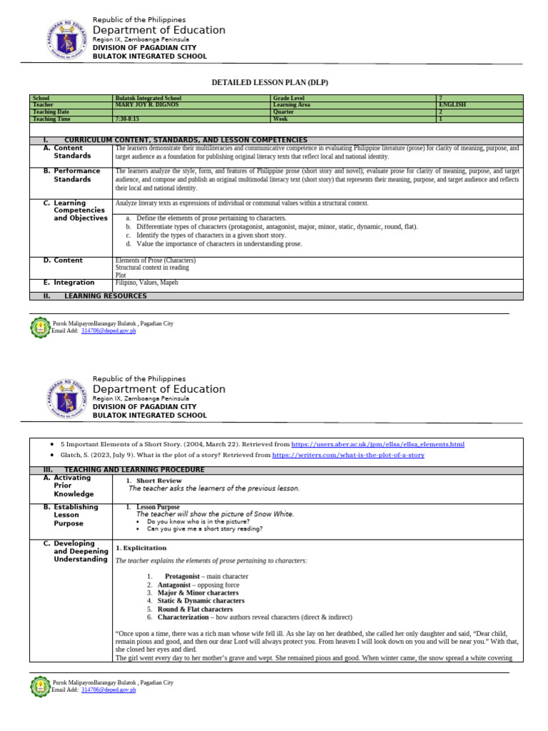 Grade 7 English Lesson Plan on Prose Characters | PDF | Learning ...