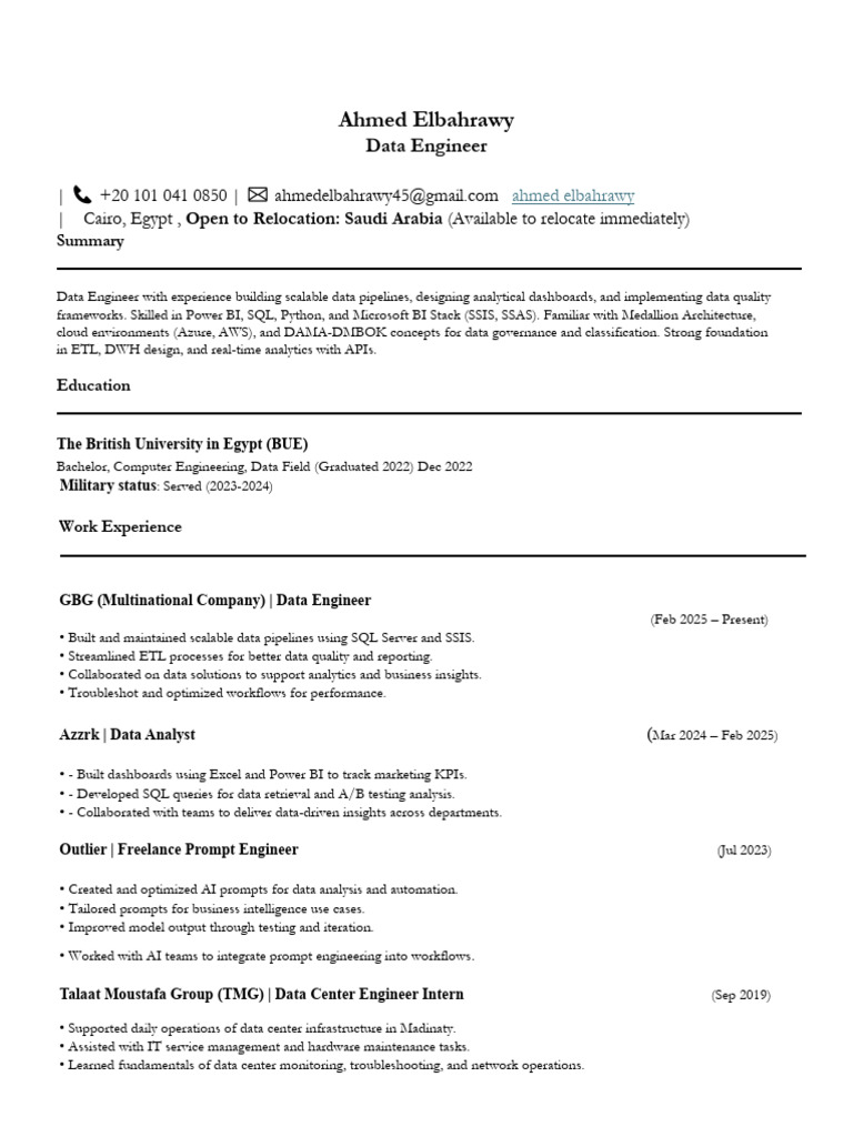 Data Engineer Resume - Ahmed Elbahrawy | PDF | Sql | Data Warehouse