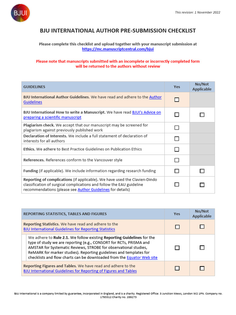 BJU International Author Checklist | PDF | Science | Inquiry