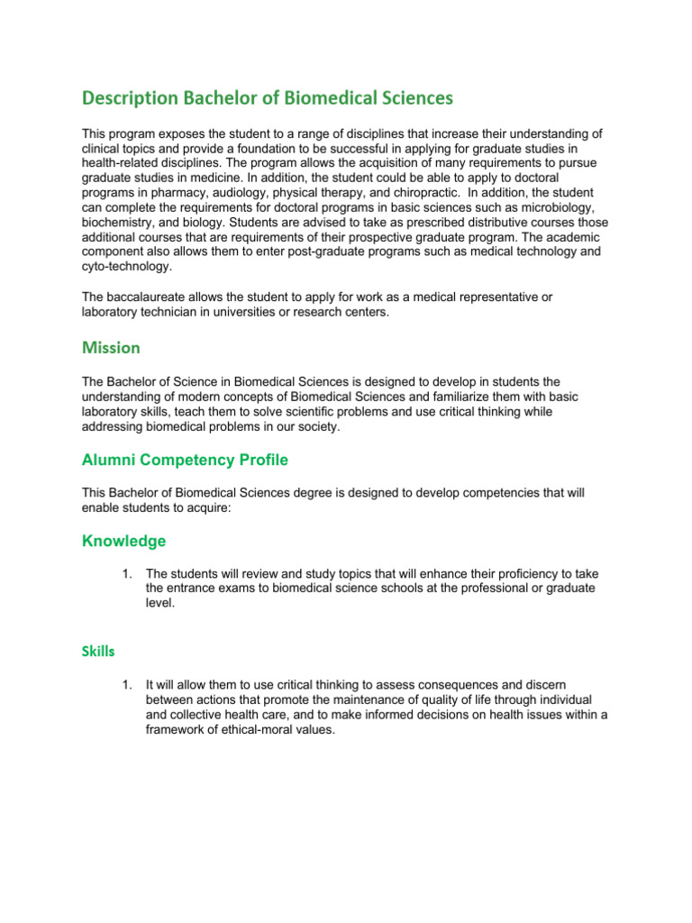 Bachelor of Biomedical Sciences Overview | PDF | Science | Postgraduate ...