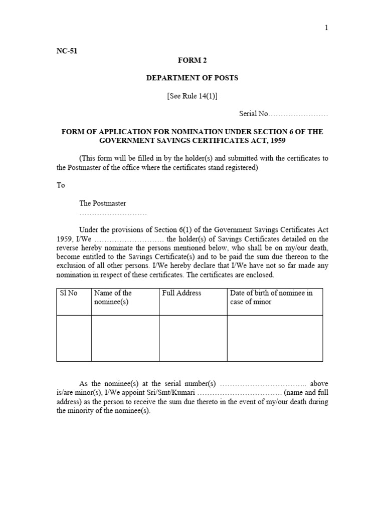 Application Form For Nomination Under Section 6 of - India Post | PDF