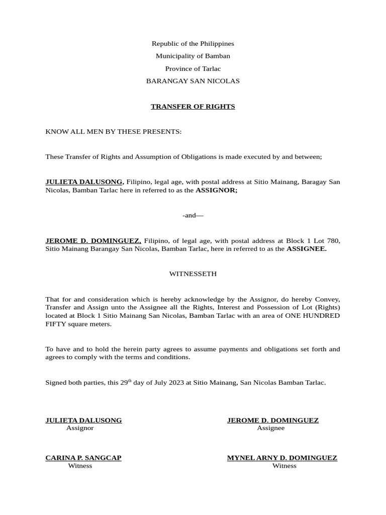 Transfer of Rights in Bamban Tarlac | PDF