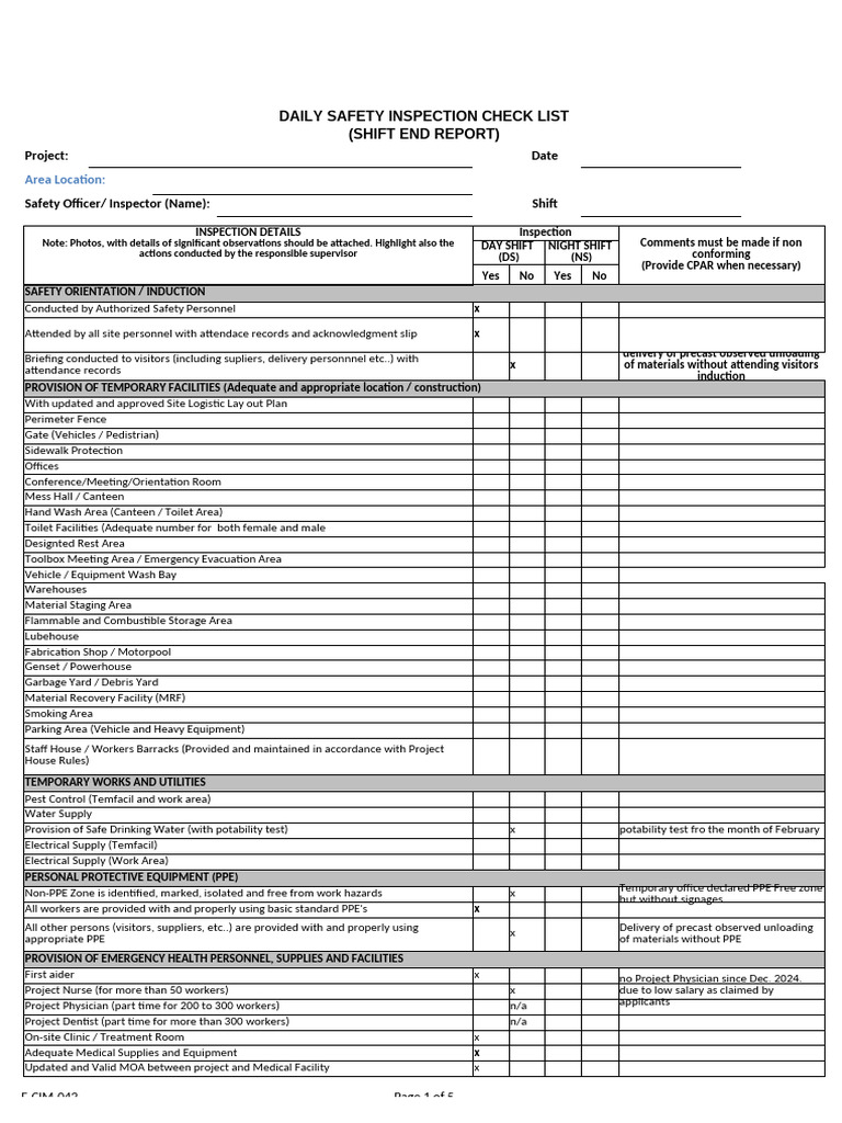 Daily Safety Inspection Checklist | PDF | Fires | Personal Protective ...