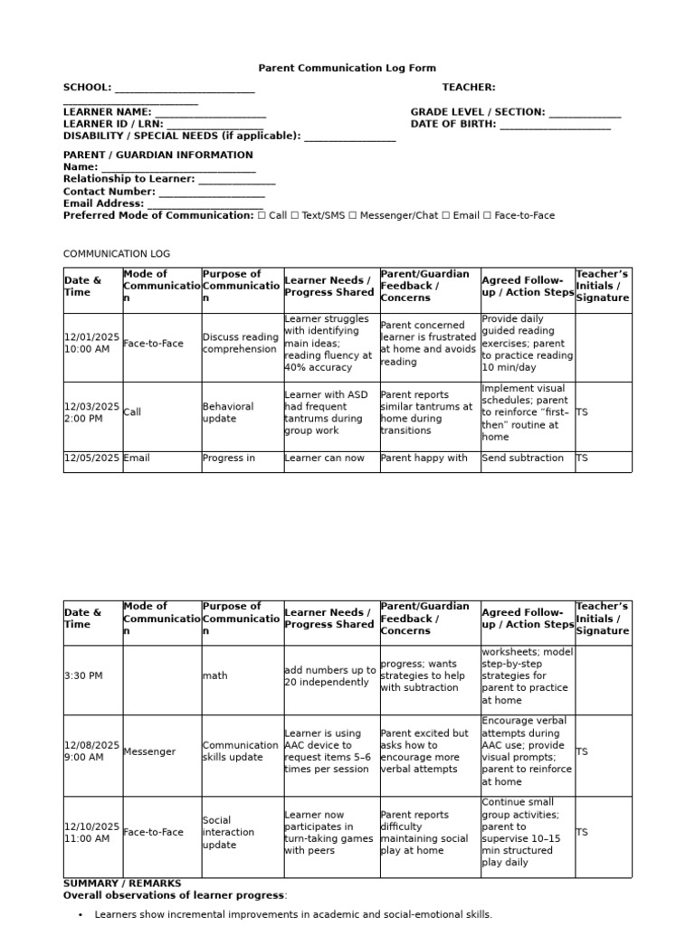 Parent Communication Log Form 1 | PDF | Learning | Communication