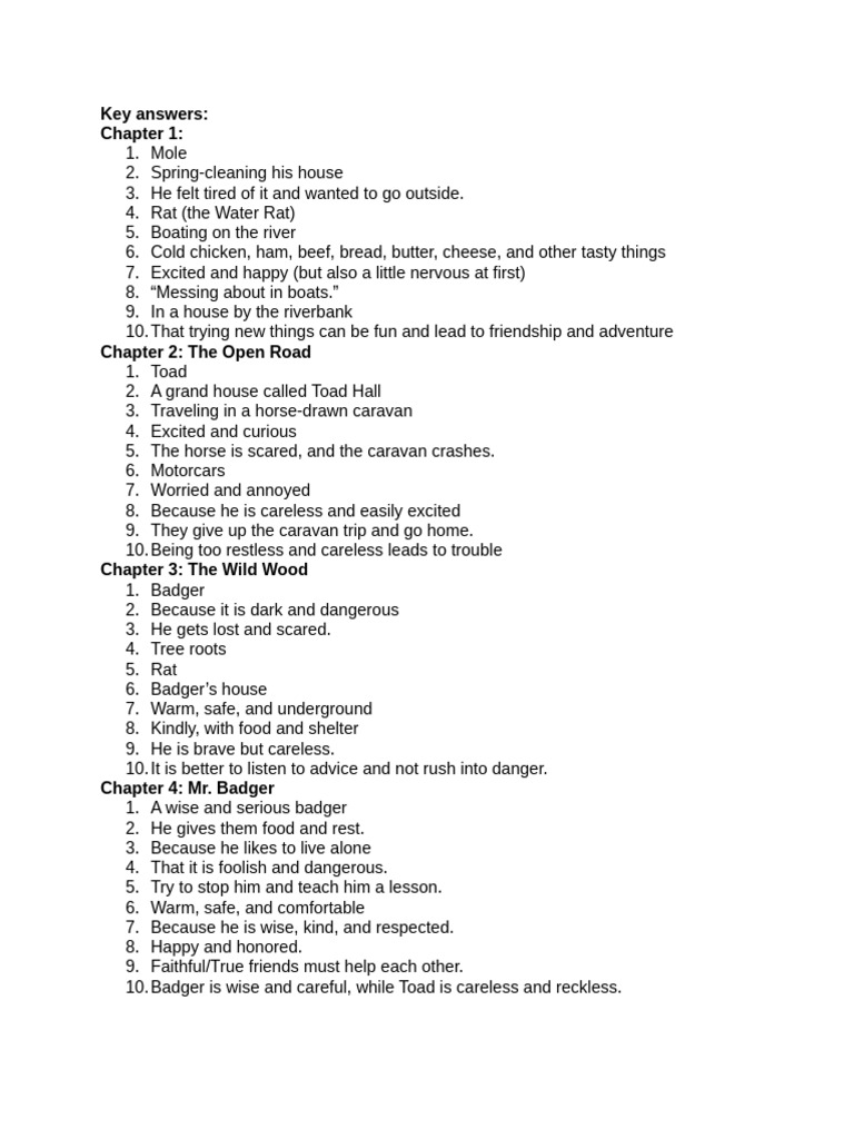 Key Answers the Wind and the Willows | PDF
