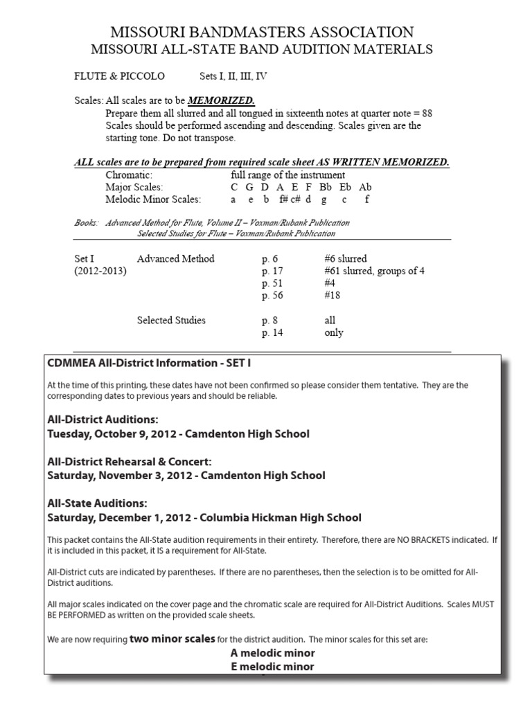 Missouri All-State Band Audition Scales | PDF | Musicology | Aerophones