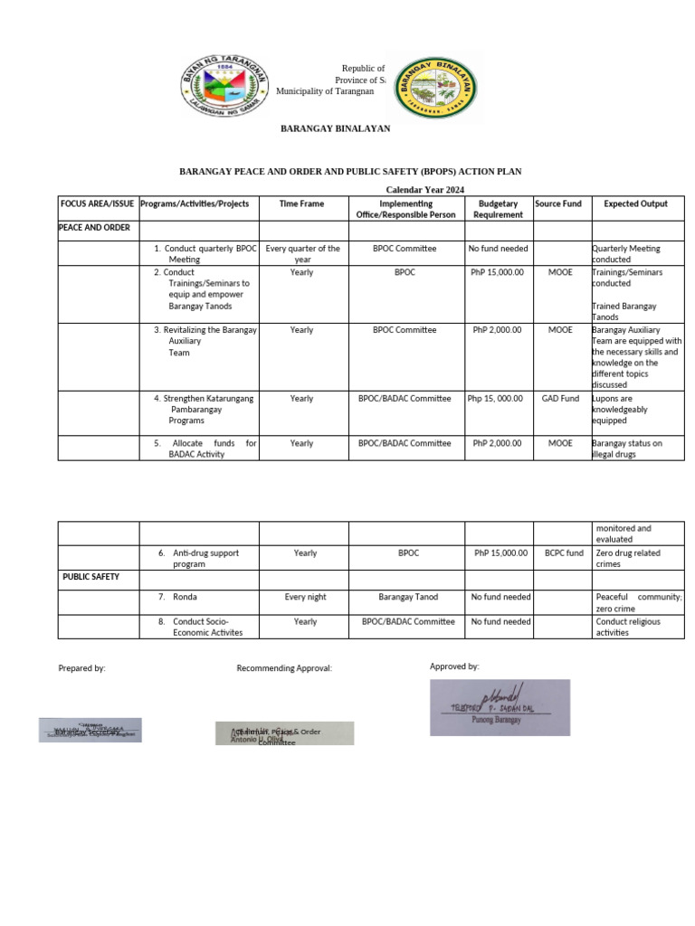 Barangay Binalayan 2024 Peace & Order Plan | PDF