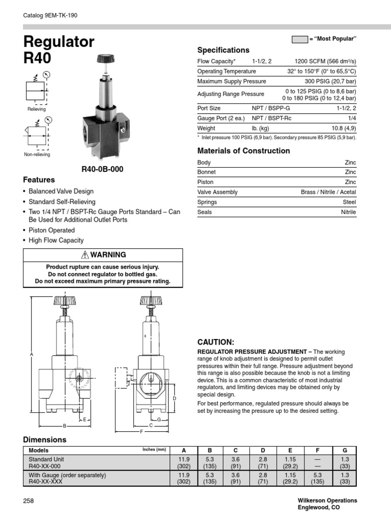 R40 Regulator Specifications & Features | PDF | Valve | Equipment