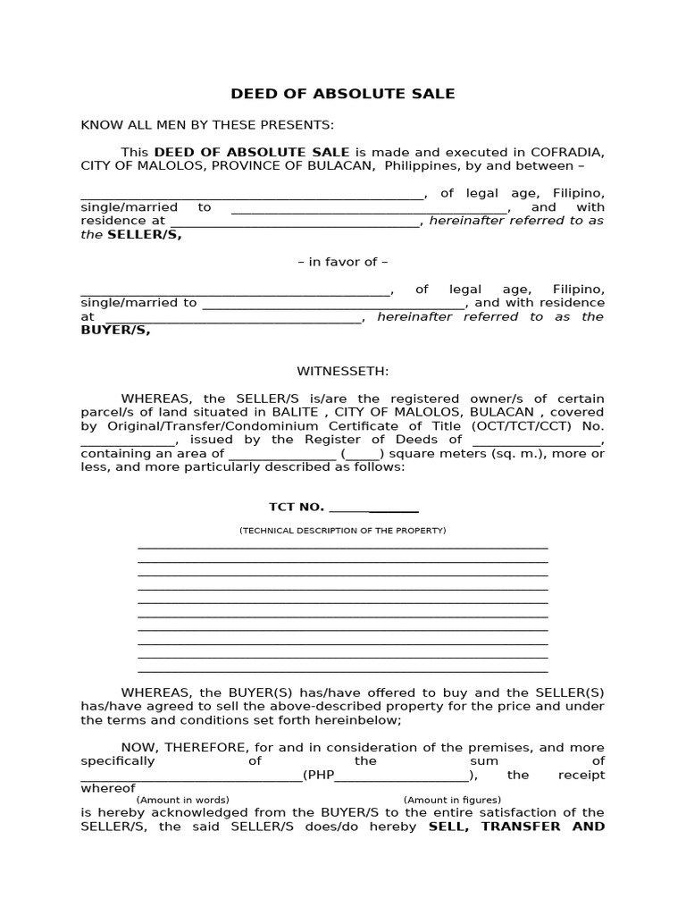 Deed of Absolute Sale Template | PDF | Deed | Real Property Law