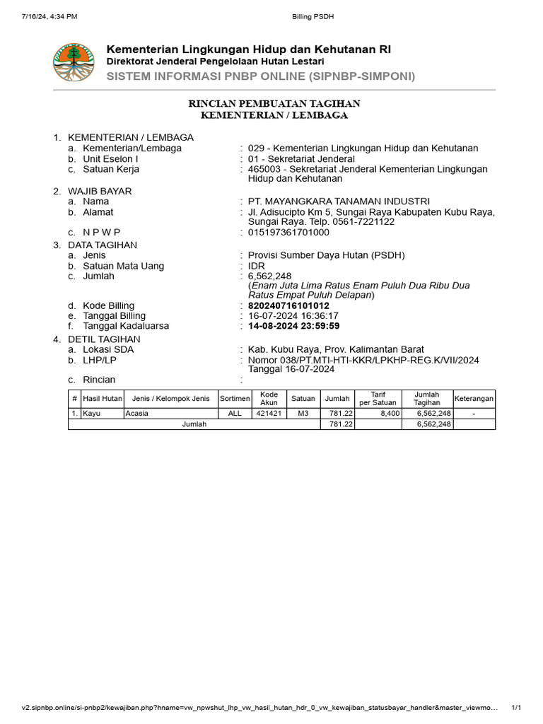 Tagihan PSDH Kementerian LHK 2024 | PDF