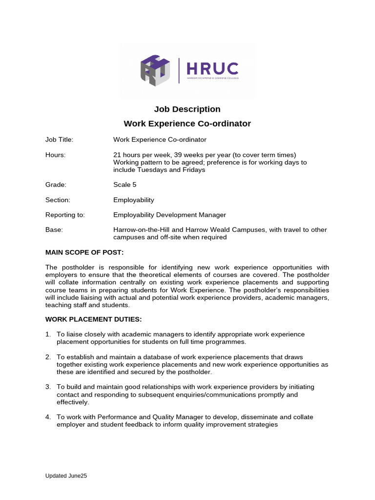 JD - Work Experience Coordinator Employability Dec25 | PDF ...
