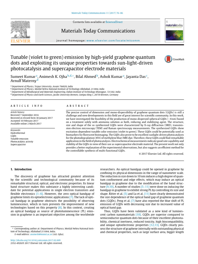 Tunable Emission in Graphene Quantum Dots | PDF | Graphene | Spectroscopy