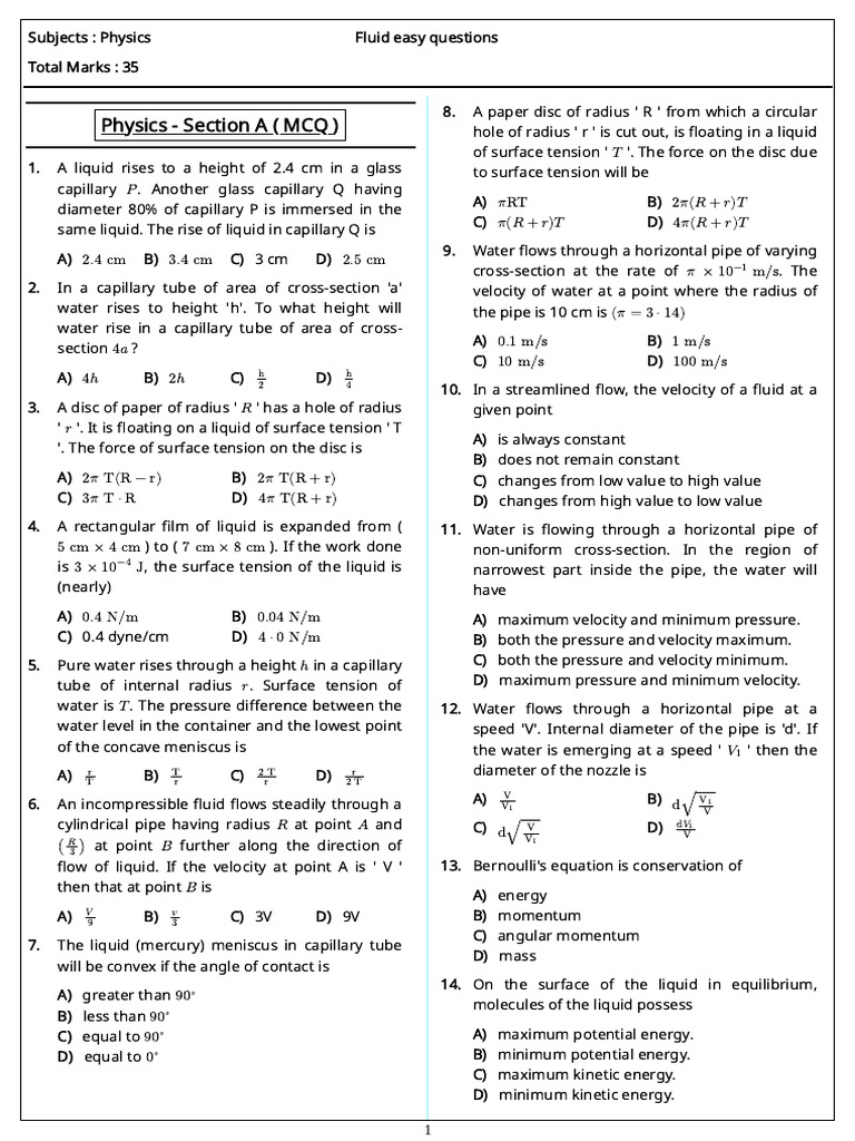 Fluid Easy Questions 24 Dec | PDF | Drop (Liquid) | Surface Tension