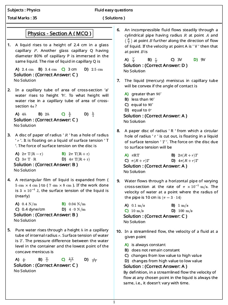 Fluid Physics MCQs with Solutions | PDF | Pressure | Surface Tension