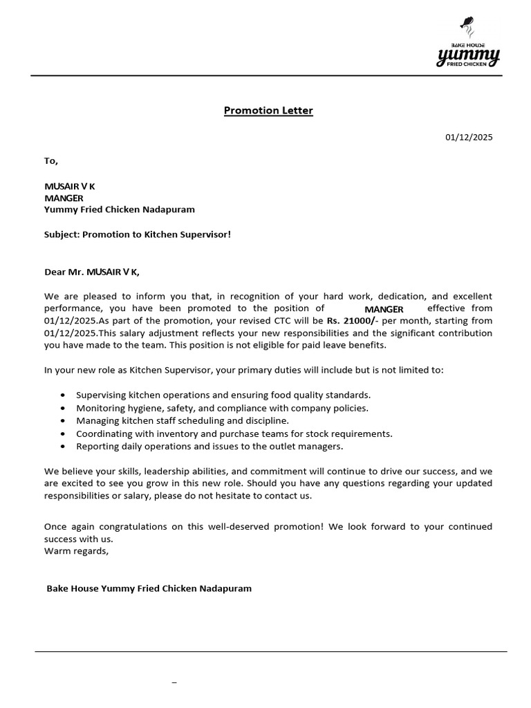 Promotion to Kitchen Supervisor Notice | PDF