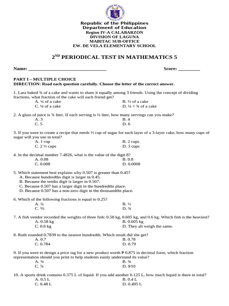 2nd Periodical Test in Math 5 | PDF | Numbers | Division (Mathematics)
