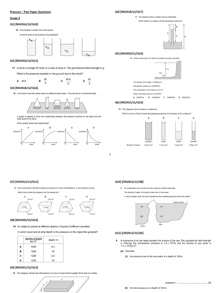 Pressure Past Papers | PDF