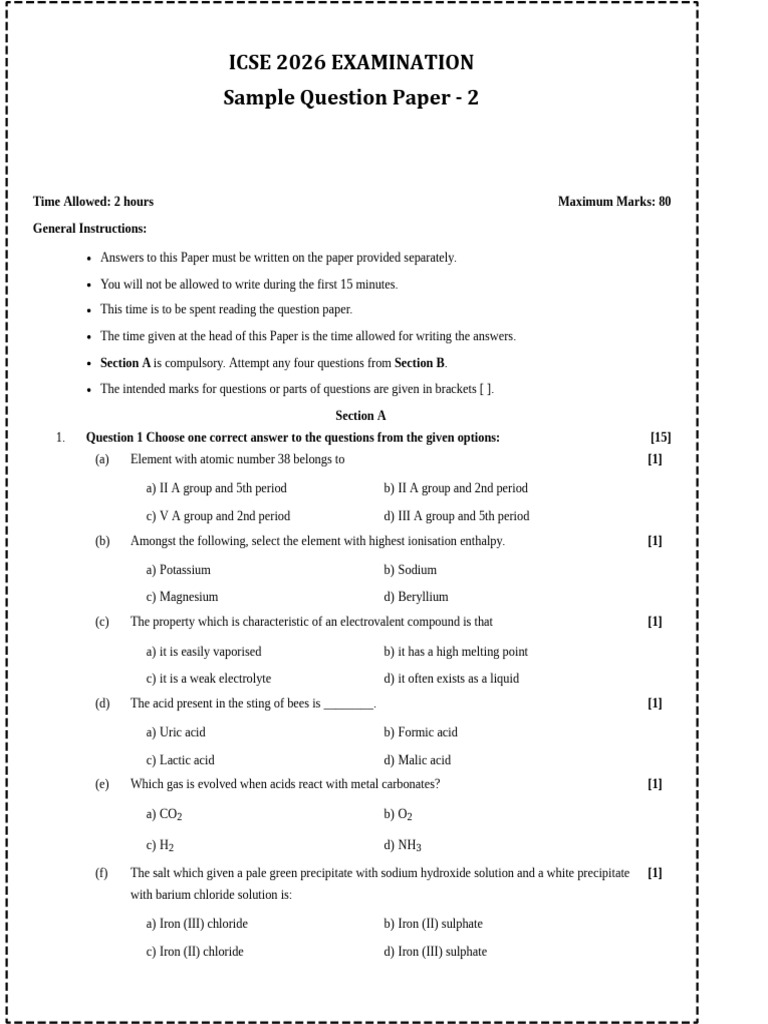 ICSE 2026 Chemistry Sample Paper | PDF | Acid | Hydroxide