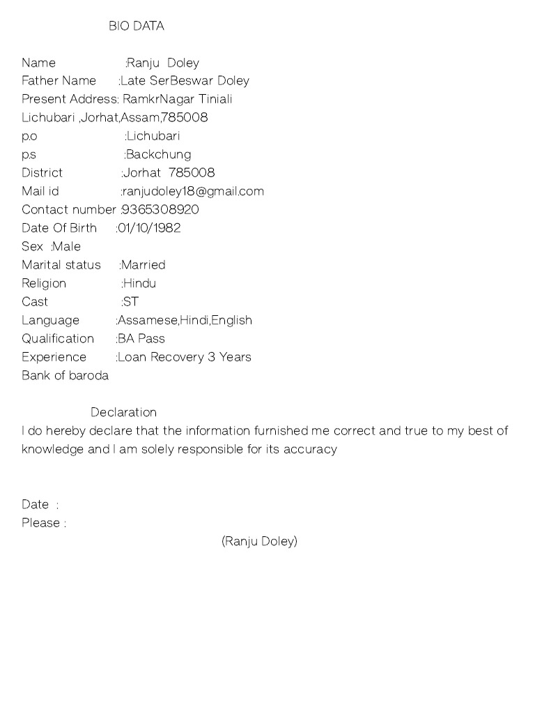 Ranju Doley Bio Data Summary | PDF