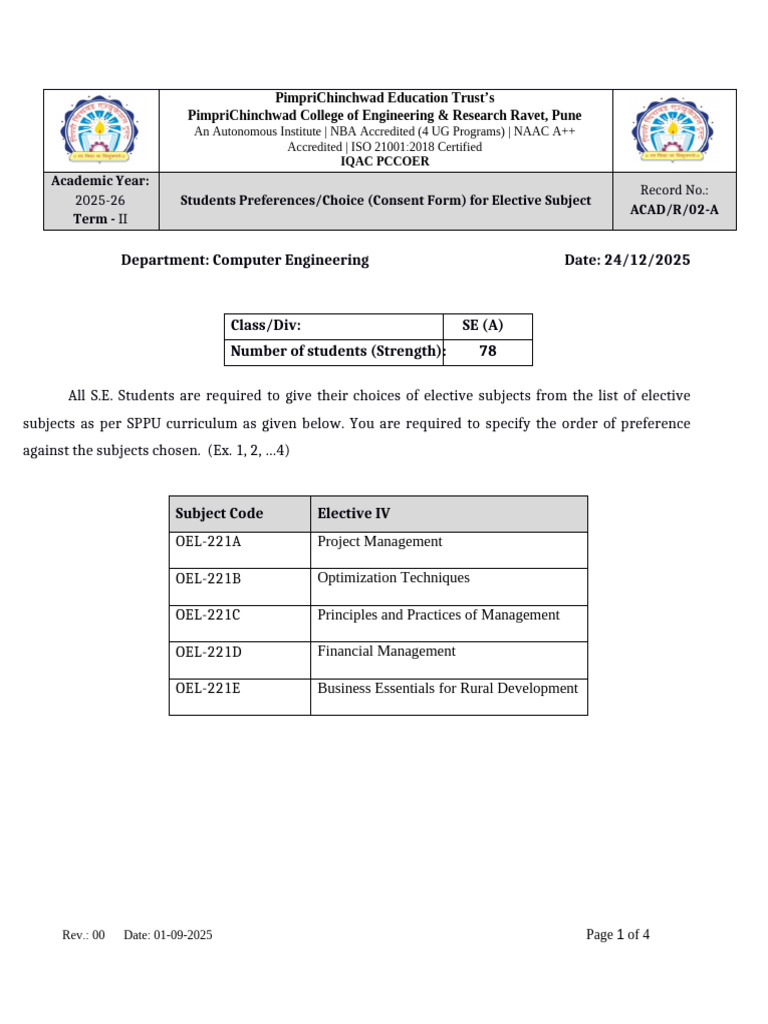 SE II Elective Subject Preference Form | PDF