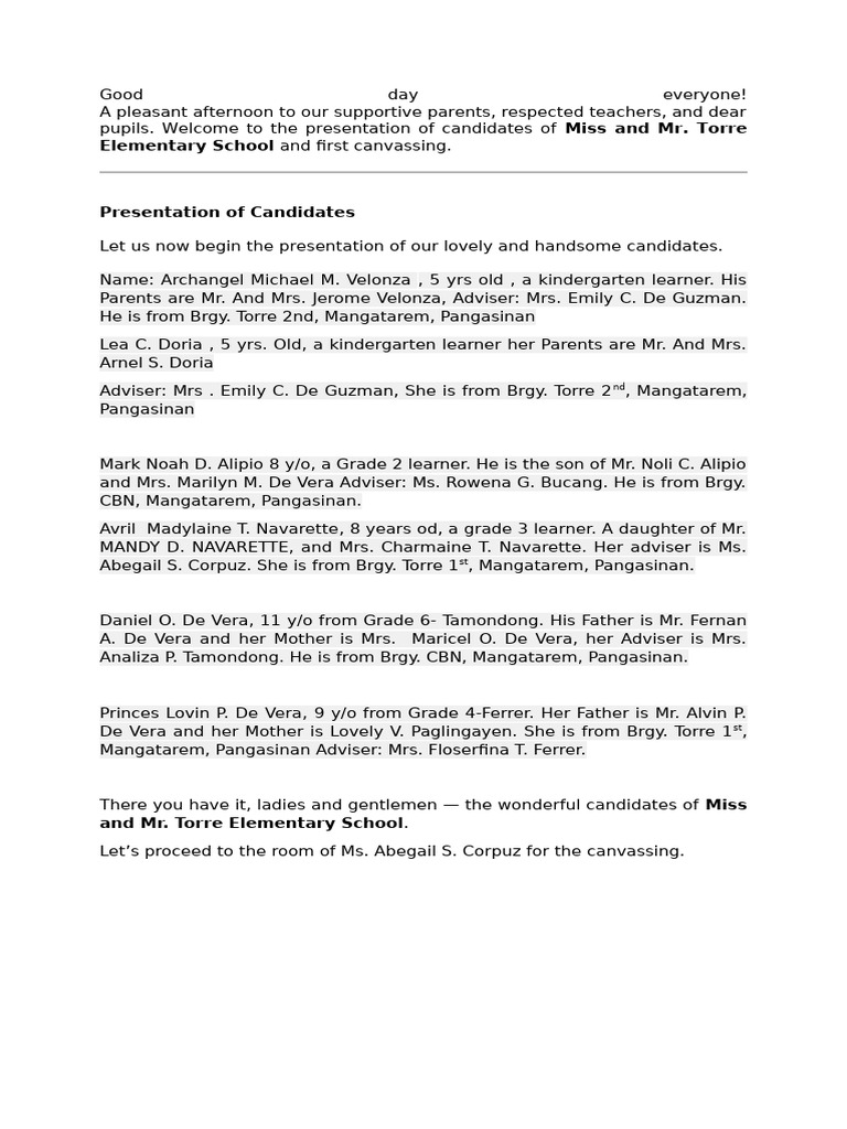 Script in Presentation of Miss and Mr. Torre | PDF