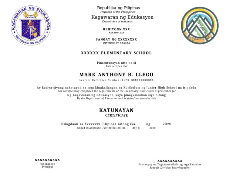 2020 Junior High School Certificate of Completion TEACHERPH | PDF