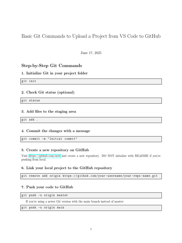 Git Commands to Upload from VS Code | PDF