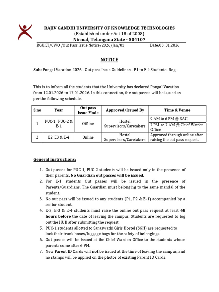 Pongal Vacation 2026 Out Pass Guidelines | PDF | Chess | Chess Theory