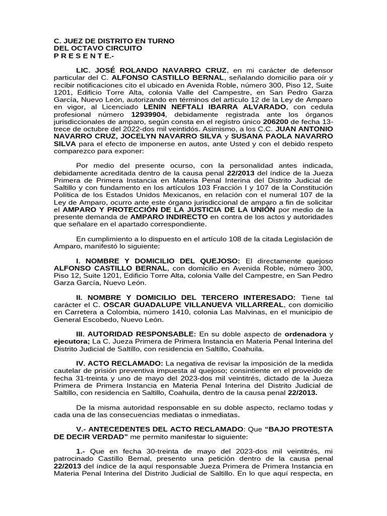 Solicitud de Amparo por Prisión Preventiva | PDF | Caso de ley | Mandato