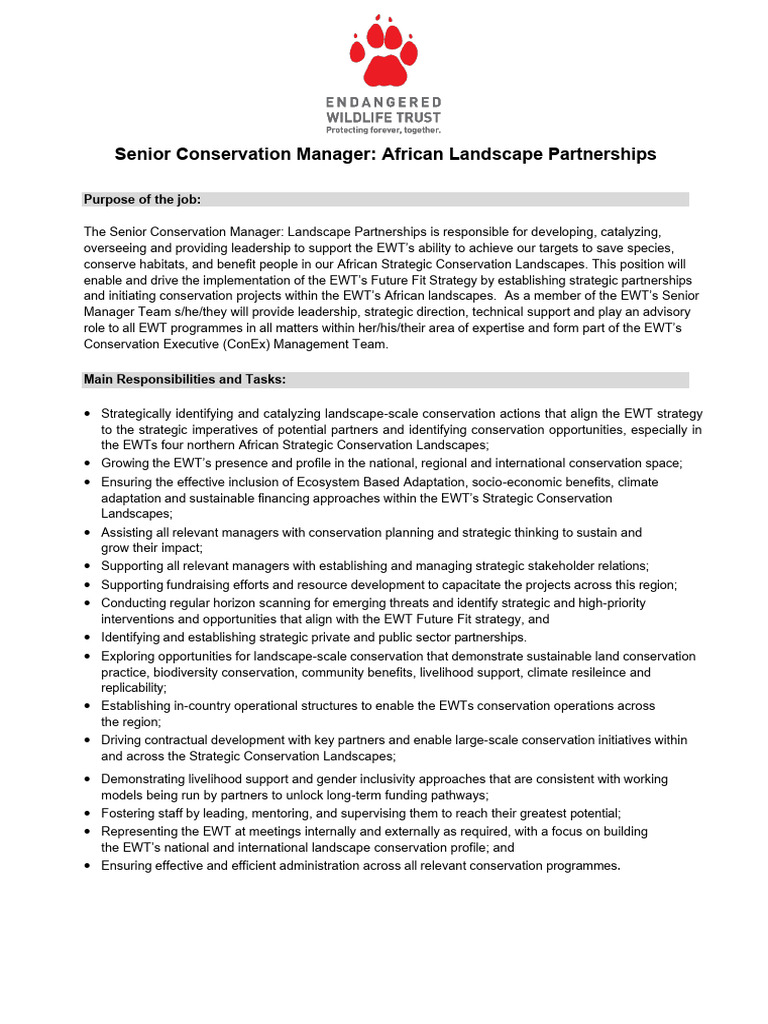 Senior Conservation Manager Role in Africa | PDF | Conservation Biology ...