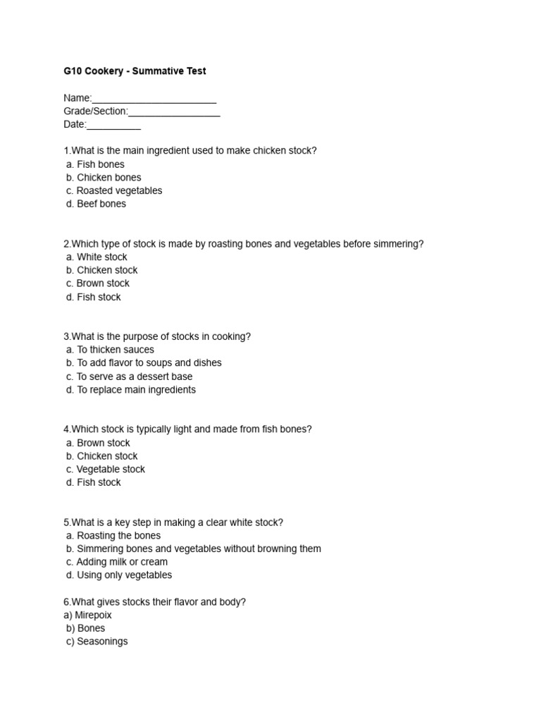 G10 Cookery - Summative Test | PDF | Stock (Food) | Soup