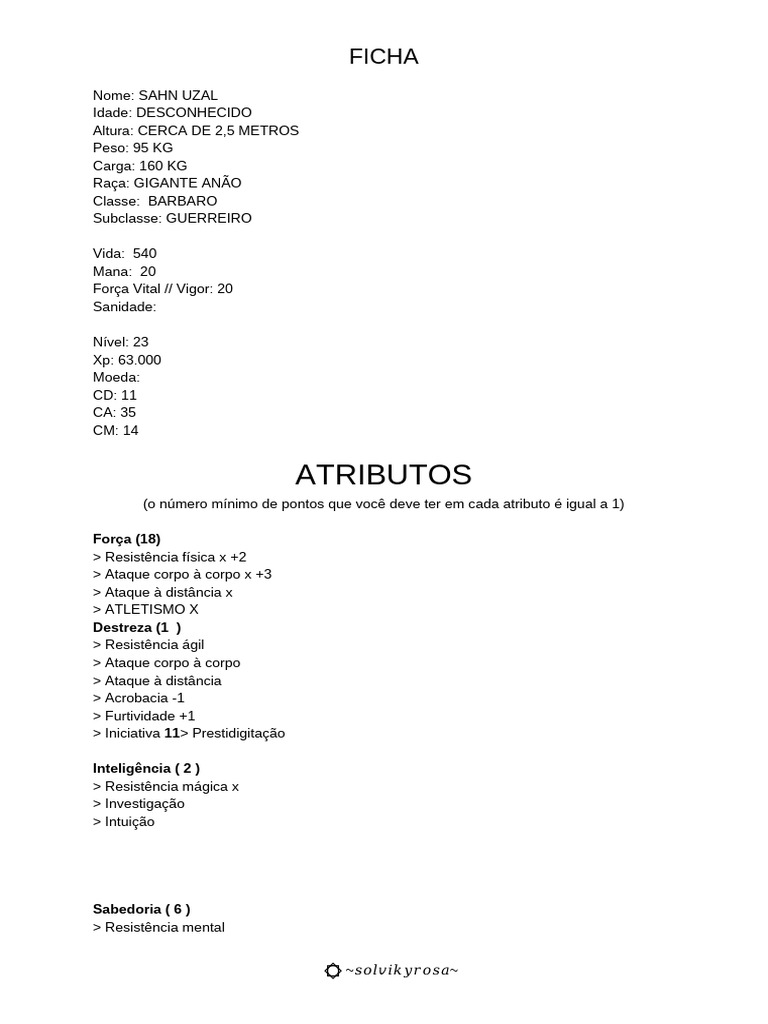 Ficha de Personagem: Sahn Uzal, Bárbaro | PDF