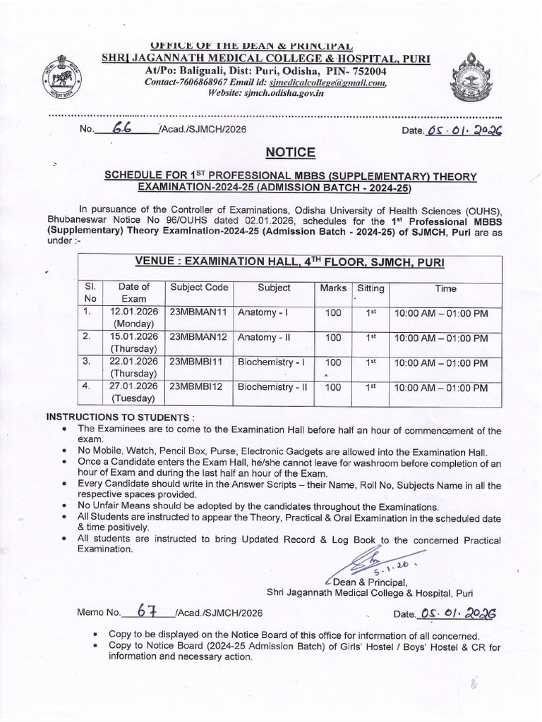 66 Dated 05 Jan 26 Schedule For 1st Prof Mbbs Supplementary Exam 2024 ...