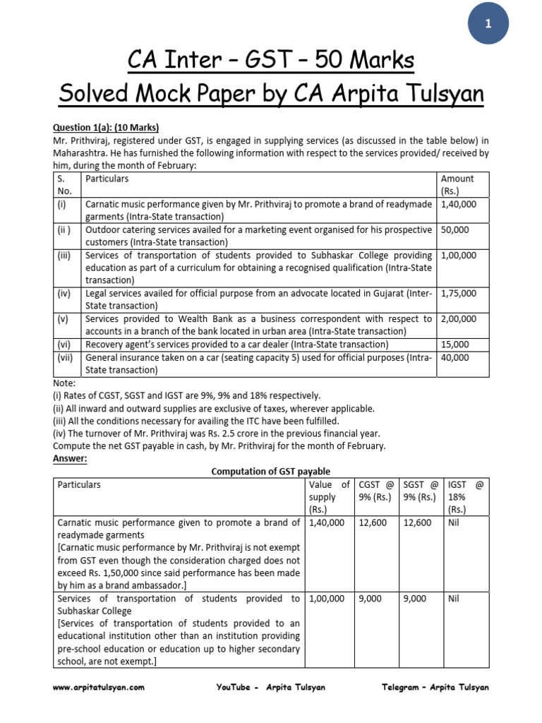 CA Inter GST Mock Paper Solutions | PDF | Value Added Tax | Taxes
