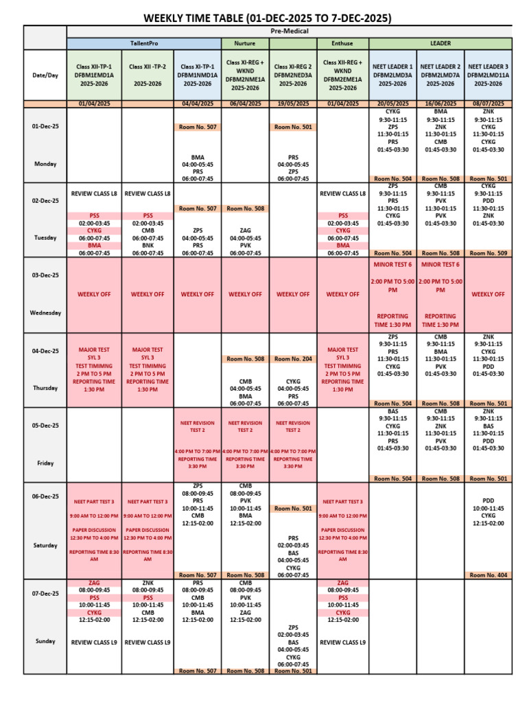 Weekly Class Schedule: Dec 1-7, 2025 | PDF
