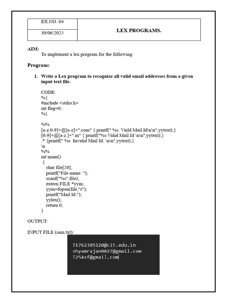 Lex Program for Email and NFA Validation | PDF