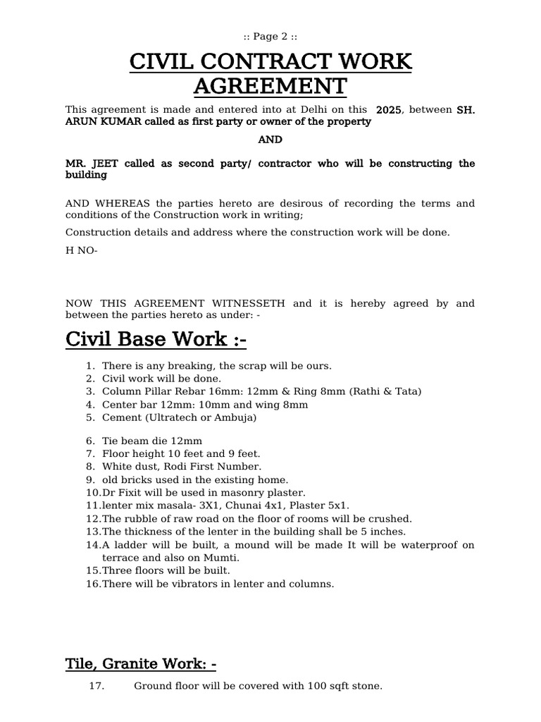 Civil Construction Agreement Template | PDF | Building Engineering ...