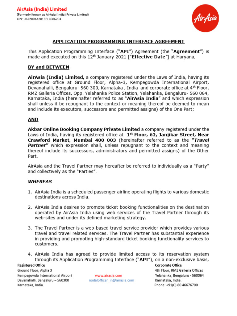 AirAsia India API Agreement Overview | PDF | Value Added Tax | Taxes