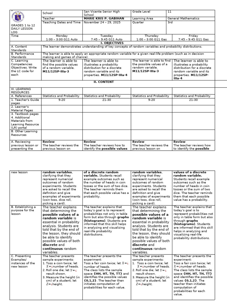 Grade 11 General Math Lesson Plan | PDF | Probability Distribution ...