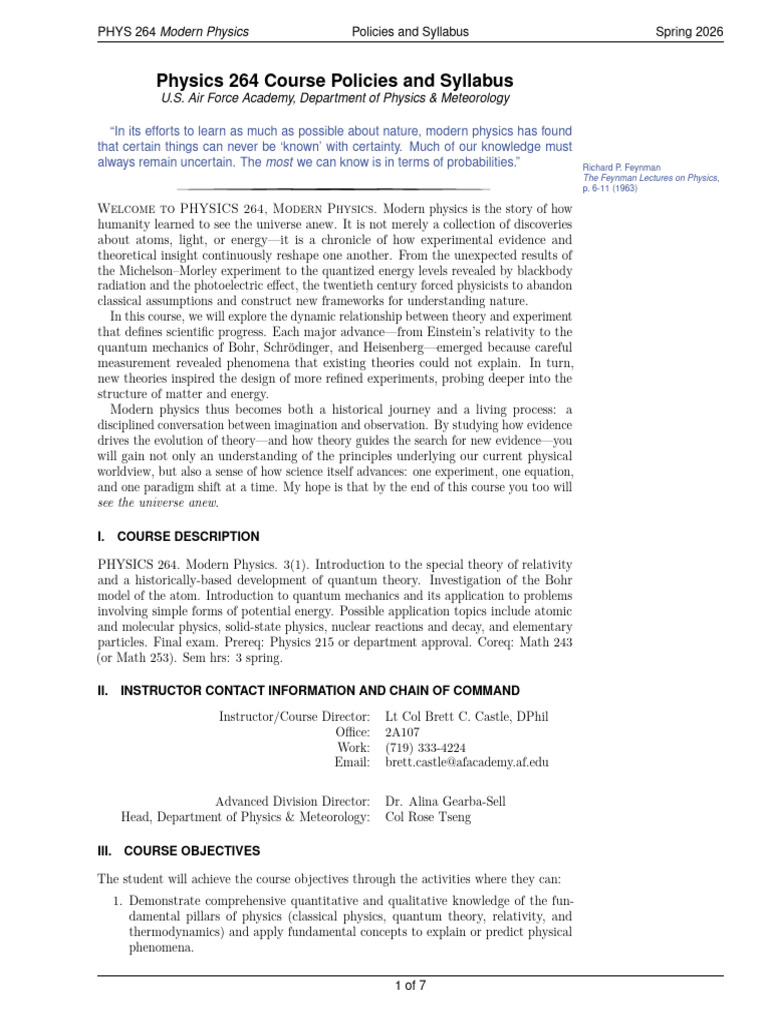Physics 264 Course Policies and Syllabus Spring 2026 | PDF | Physics ...
