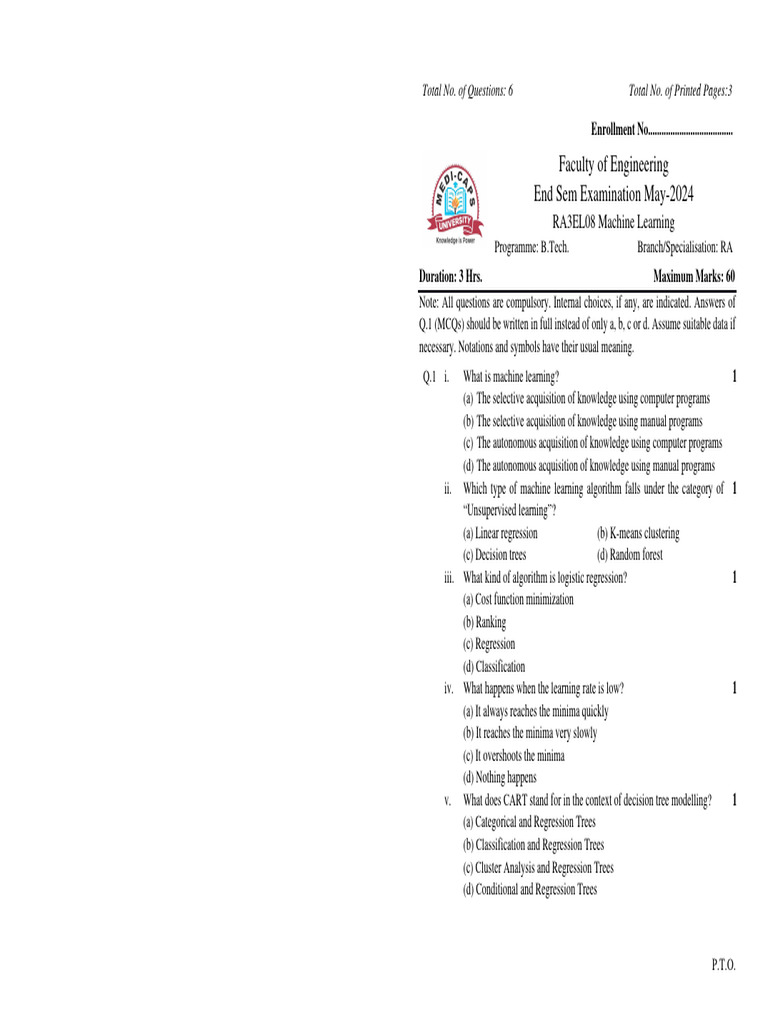 Machine Learning Exam Questions 2024 | PDF | Support Vector Machine ...