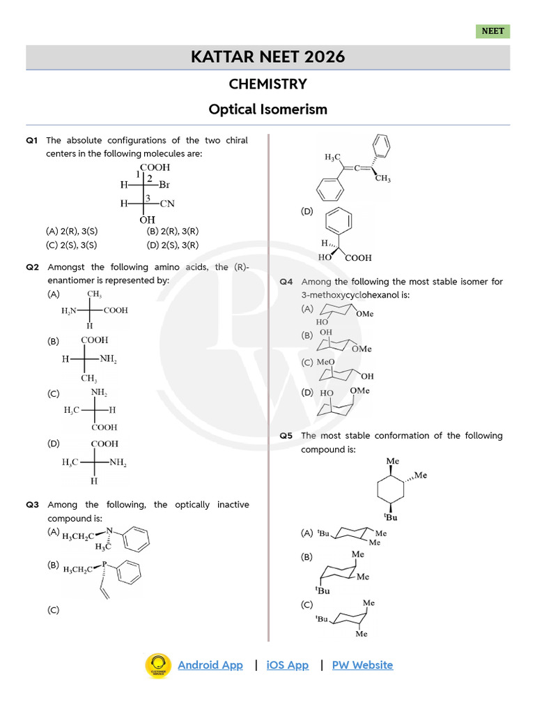 NEET 2026 Chemistry: Optical Isomerism | PDF | Chirality (Chemistry ...