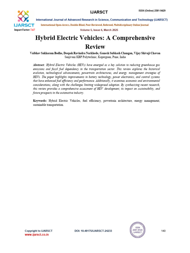 Hybrid Electric Vehicles: A Comprehensive Review: Ijarsct | PDF