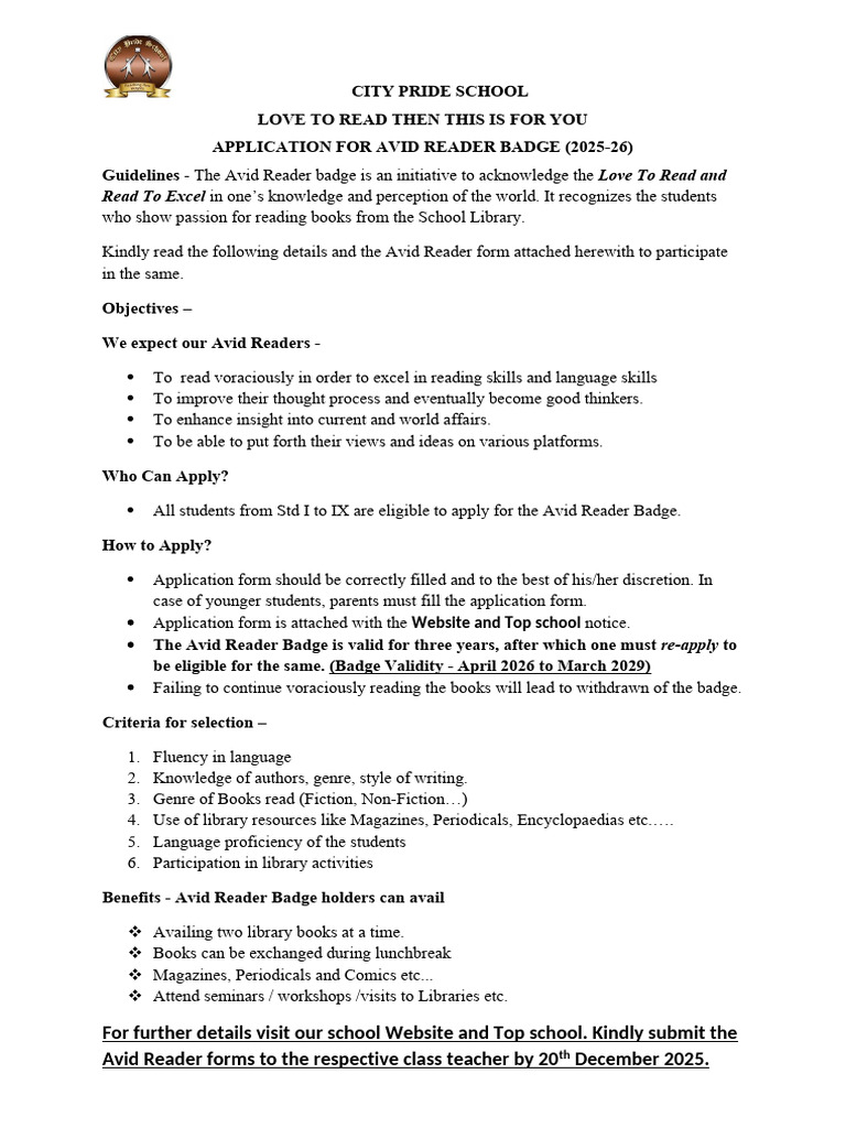 Avid Reader Notice & Form 4 & 5 2025-26.1765002154 | PDF | Cognition ...
