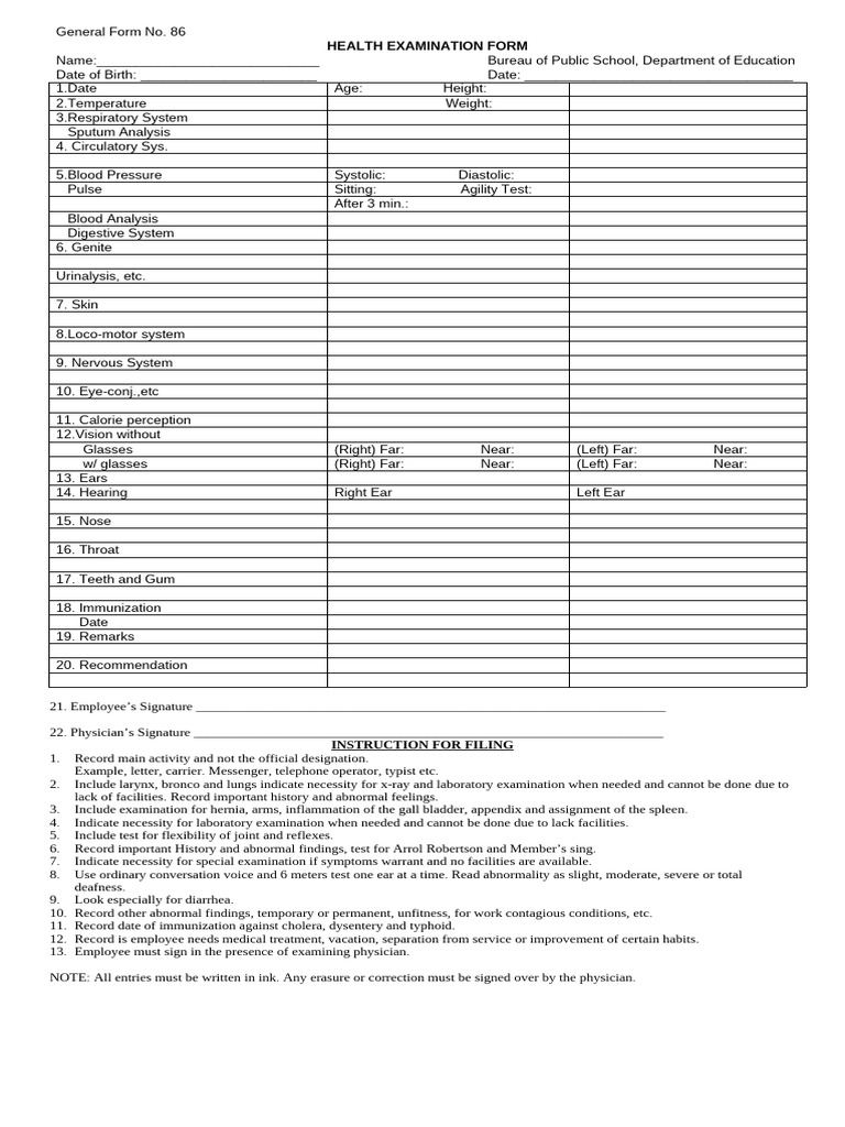 Health Examination Form Template | PDF | Blood Pressure | Medical ...