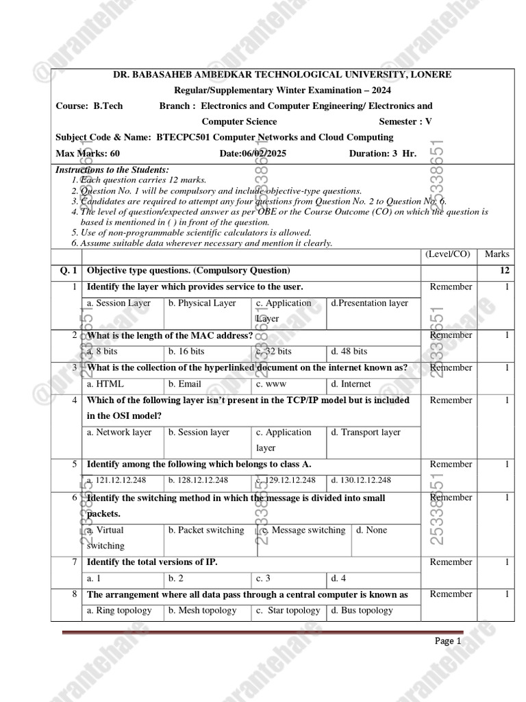 B.Tech Computer Networks Exam 2024 | PDF | Network Topology | Osi Model